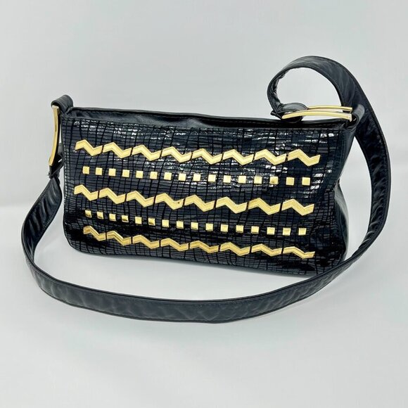 Vintage  Dawli  Black Leather   East West Bag   Gold & Patten Detailing, - Picture 13 of 15